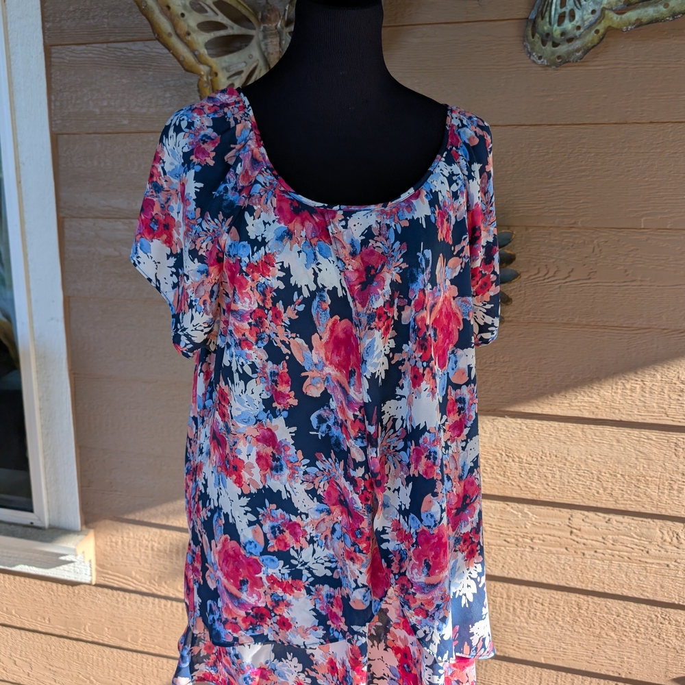 Roz & Ali Floral Blouse - Pink and Blue